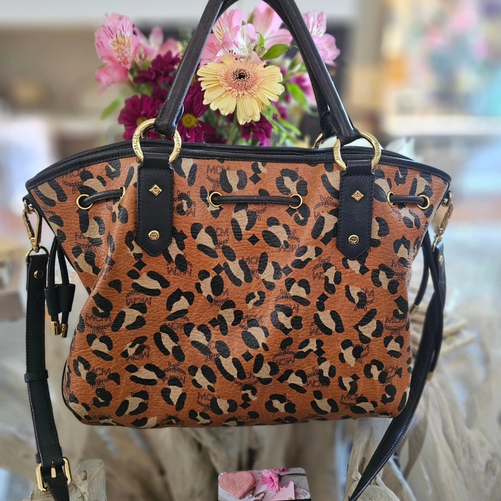 MCM Leopard Print All Leather Tote Bag with Black Accents1